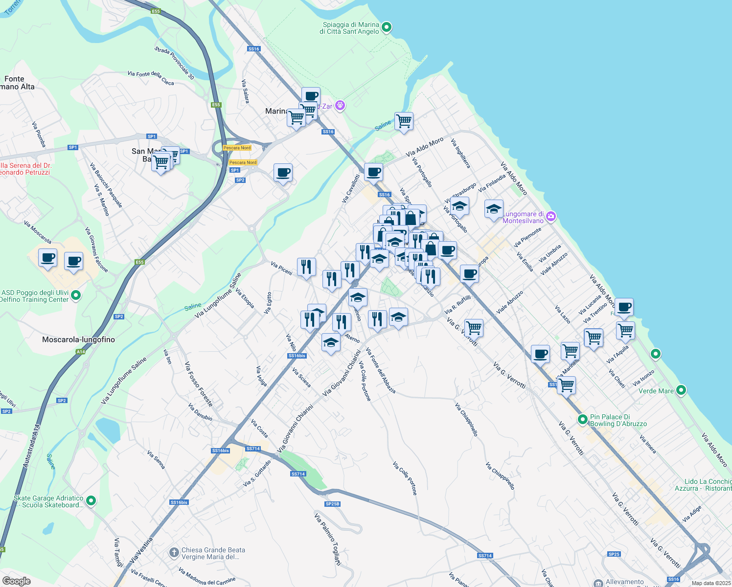 map of restaurants, bars, coffee shops, grocery stores, and more near via Giorgio Almirante in Montesilvano