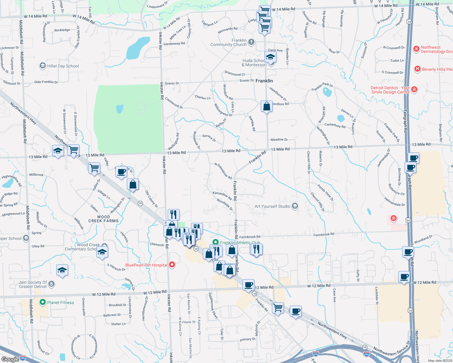 map of restaurants, bars, coffee shops, grocery stores, and more near 30645 N Greenbriar Rd in Franklin