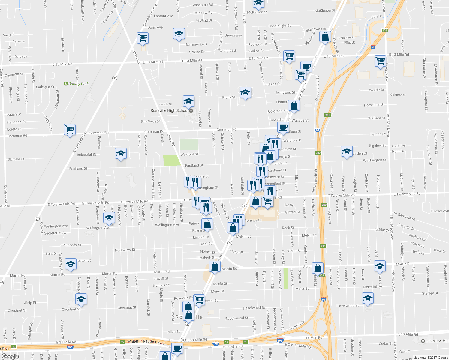 map of restaurants, bars, coffee shops, grocery stores, and more near 29248 Galloway Street in Roseville