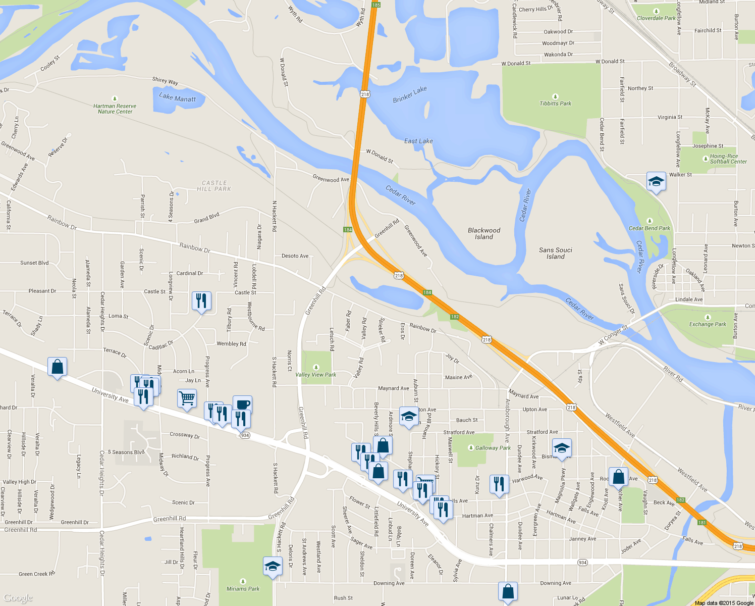 map of restaurants, bars, coffee shops, grocery stores, and more near Trolley Car Trail in Waterloo
