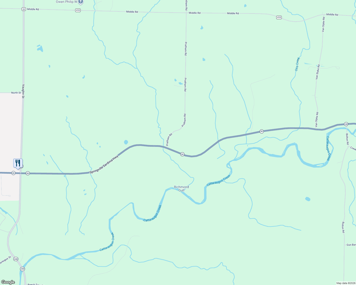 map of restaurants, bars, coffee shops, grocery stores, and more near 10250 New York 39 in Springville