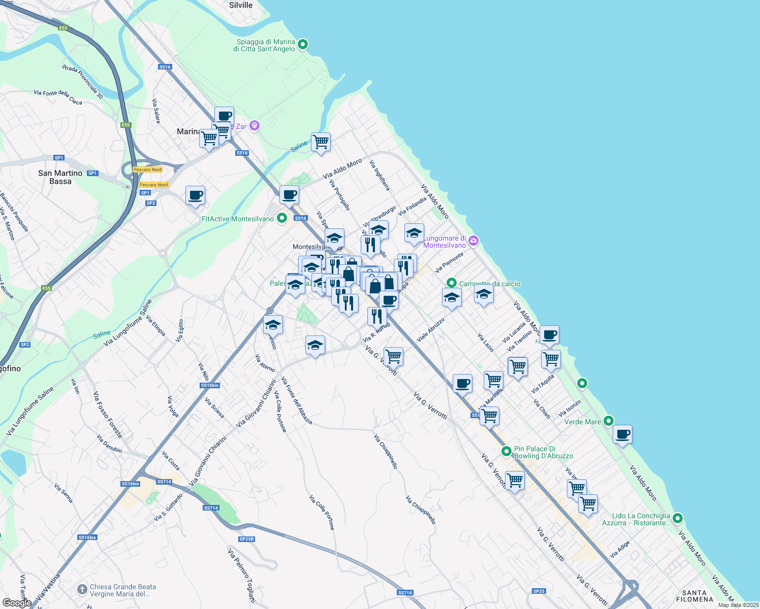 map of restaurants, bars, coffee shops, grocery stores, and more near 180 Corso Umberto 1 in Montesilvano