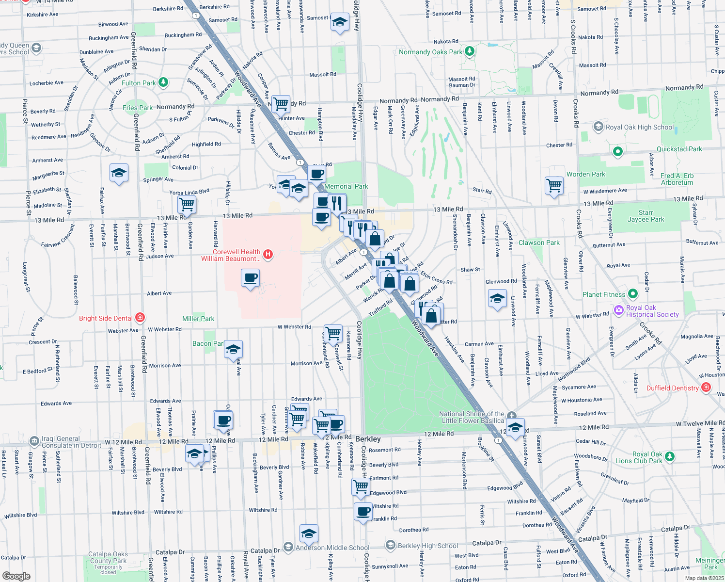 map of restaurants, bars, coffee shops, grocery stores, and more near 3153 Parker Drive in Royal Oak