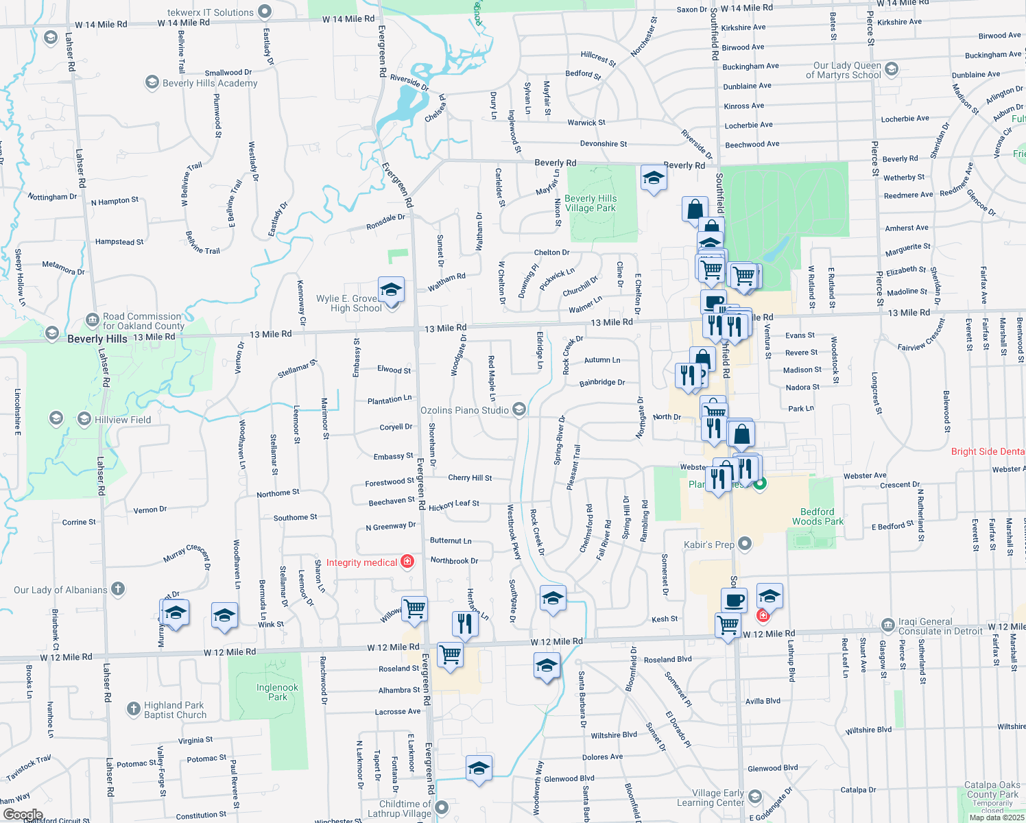 map of restaurants, bars, coffee shops, grocery stores, and more near 30430 Red Maple Lane in Southfield