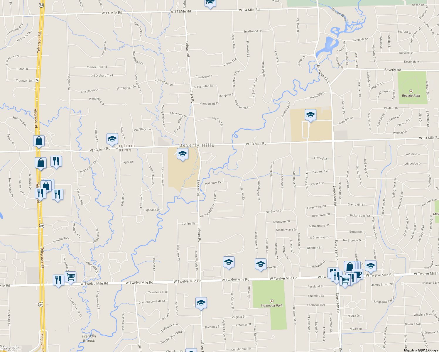 map of restaurants, bars, coffee shops, grocery stores, and more near 21652 Riverview Court in Beverly Hills