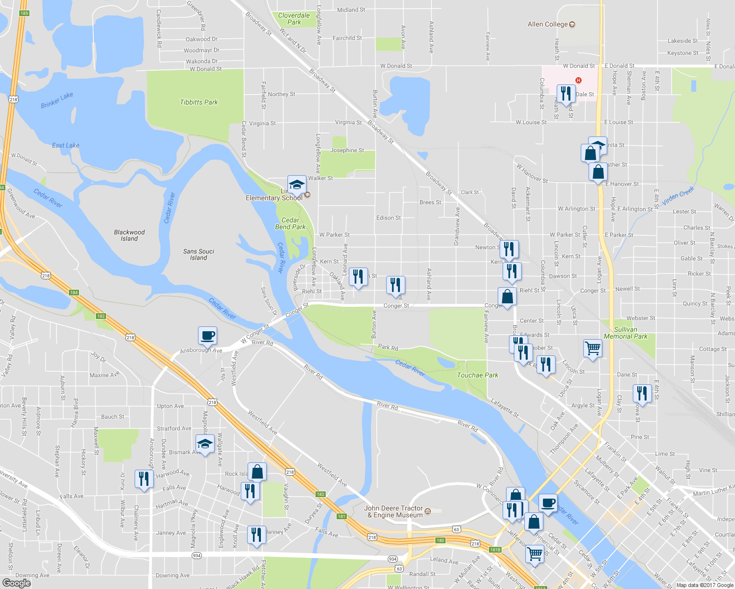 map of restaurants, bars, coffee shops, grocery stores, and more near 1013 Riehl Street in Waterloo