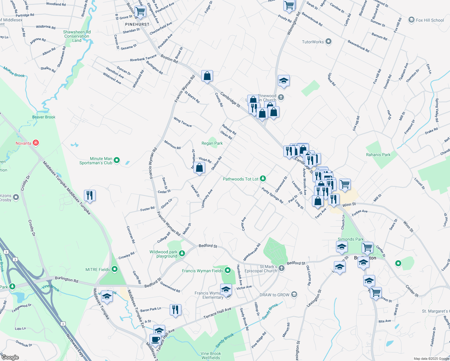 map of restaurants, bars, coffee shops, grocery stores, and more near 22 Princeton Road in Burlington