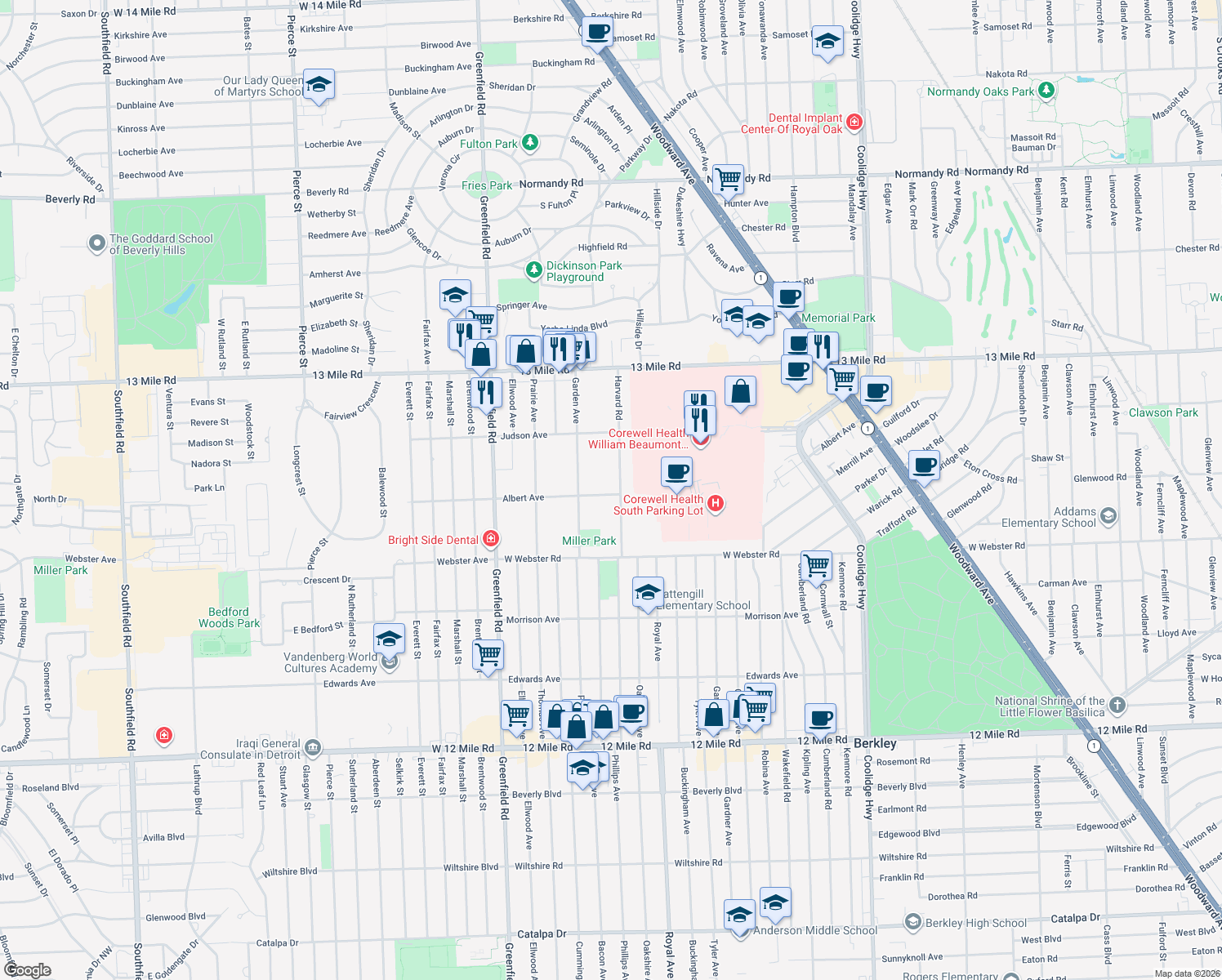 map of restaurants, bars, coffee shops, grocery stores, and more near 4014 Albert Avenue in Royal Oak