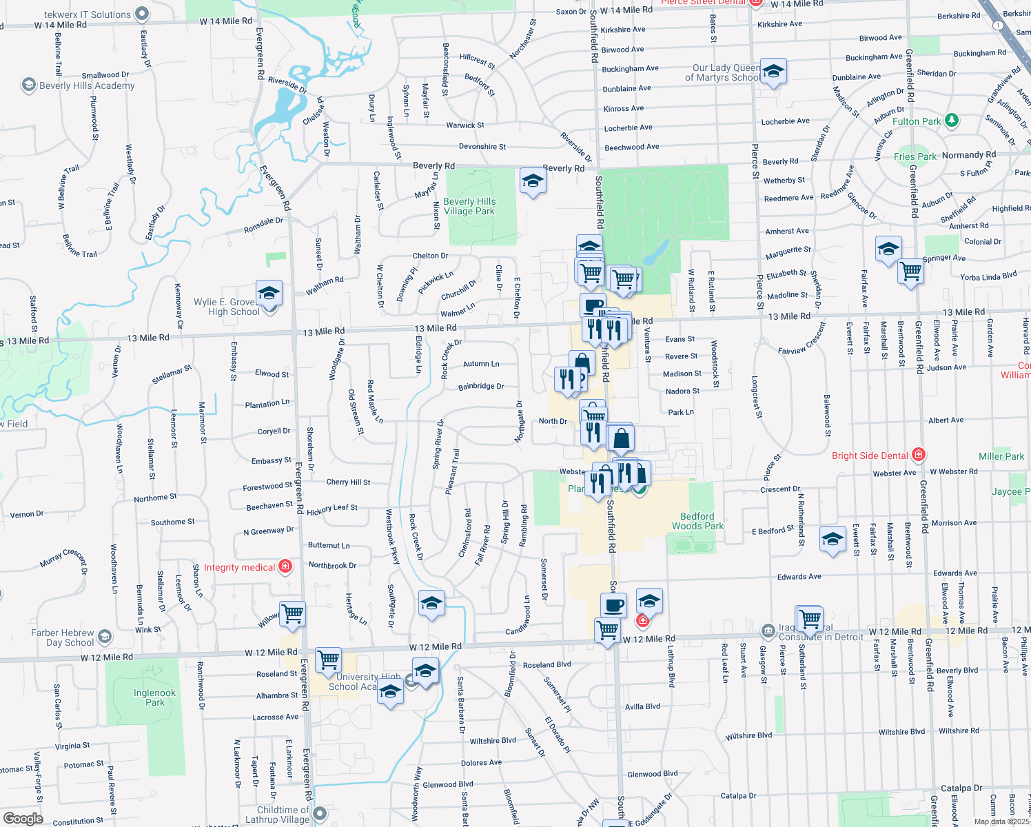 map of restaurants, bars, coffee shops, grocery stores, and more near 30247 Northgate Drive in Southfield