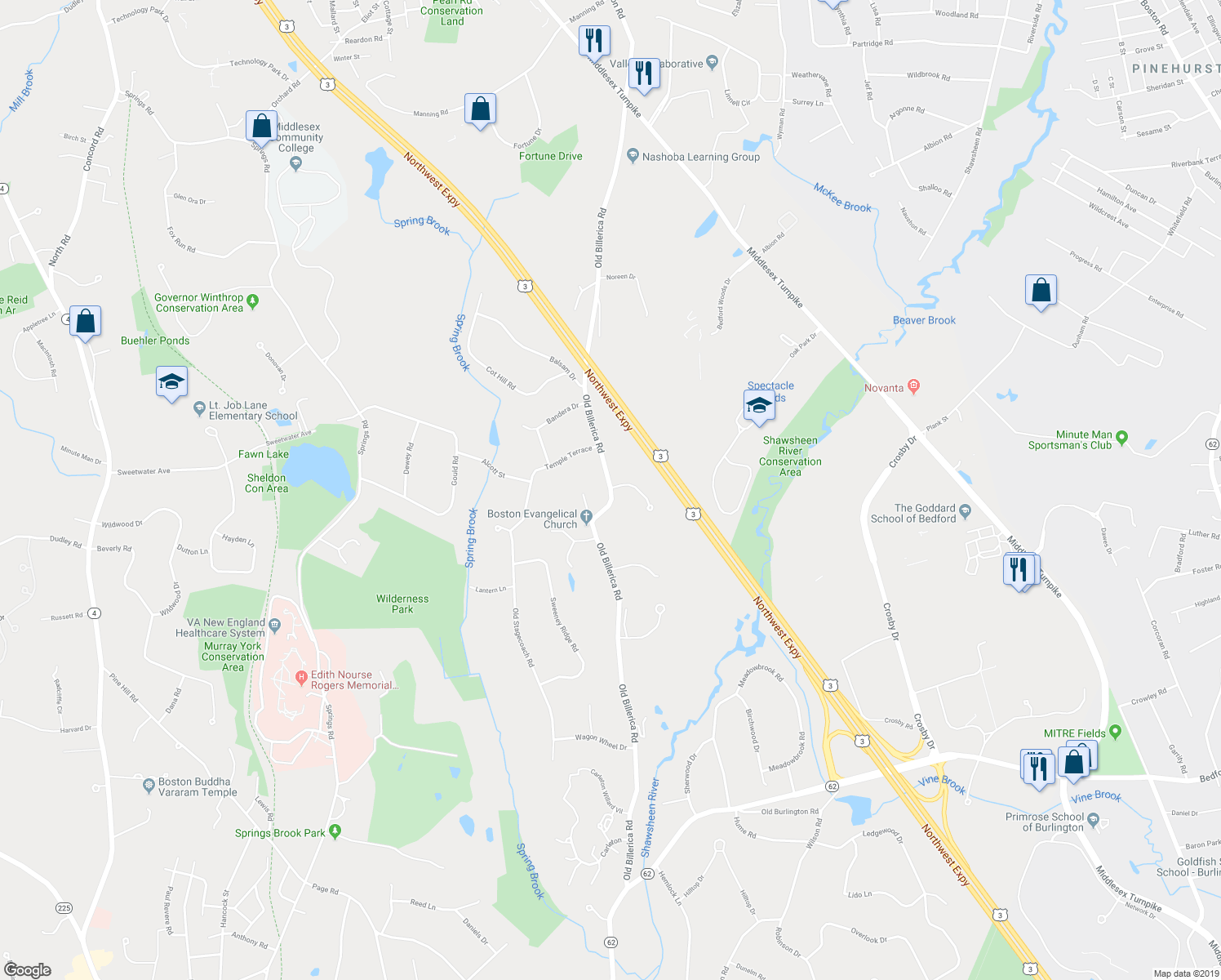 map of restaurants, bars, coffee shops, grocery stores, and more near 298 Old Billerica Road in Bedford