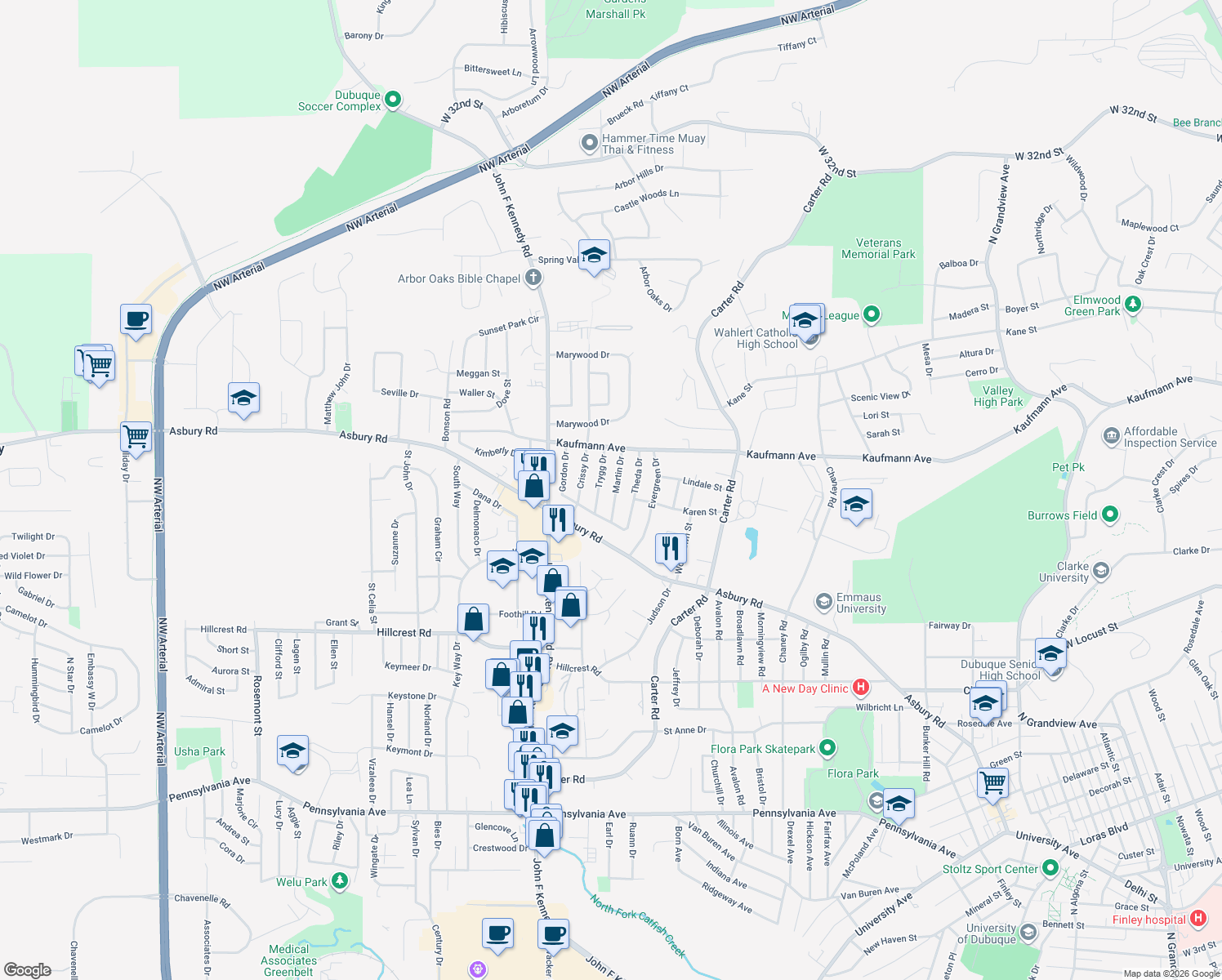 map of restaurants, bars, coffee shops, grocery stores, and more near 2315 Martin Drive in Dubuque
