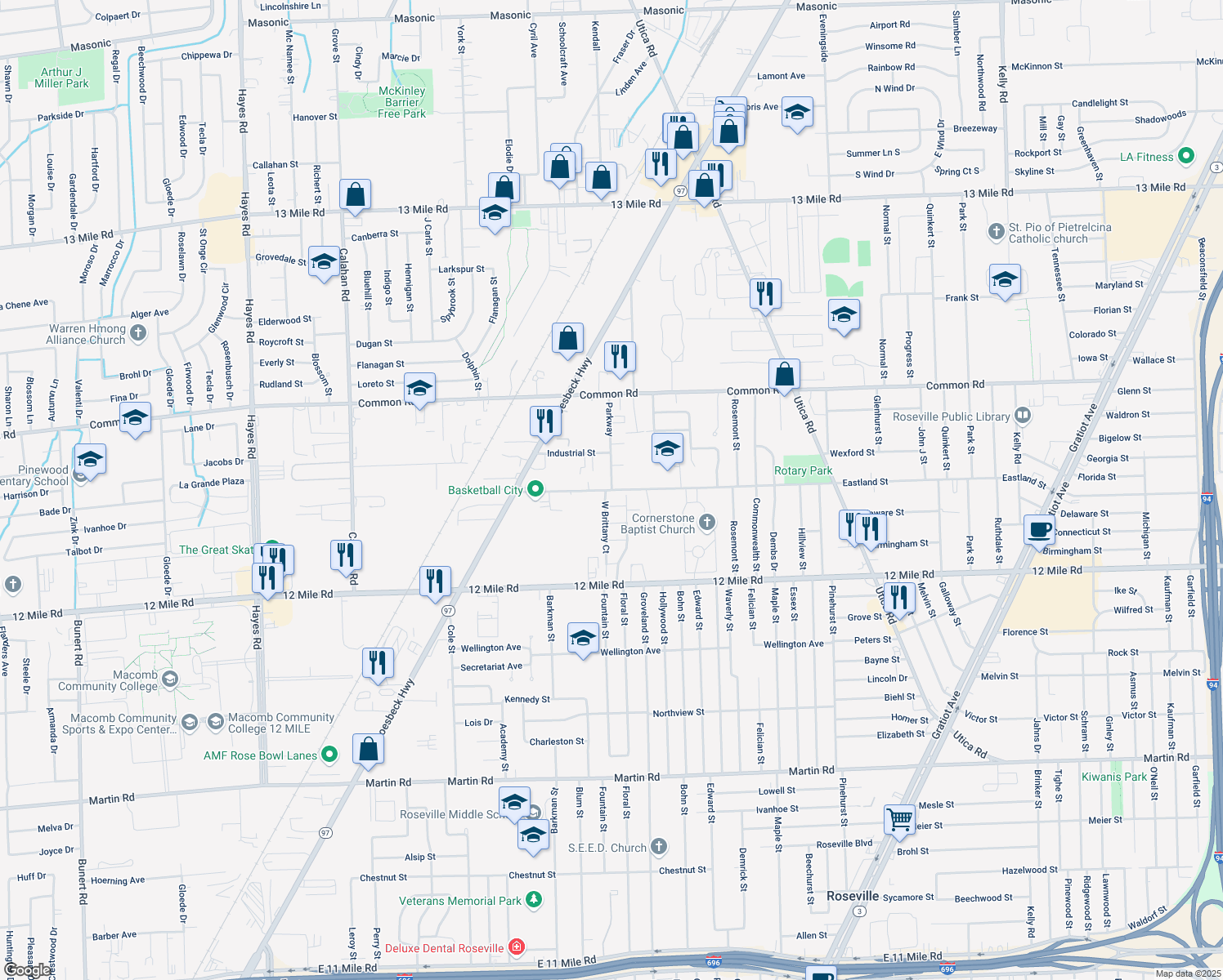 map of restaurants, bars, coffee shops, grocery stores, and more near 22500 Parkway in Roseville