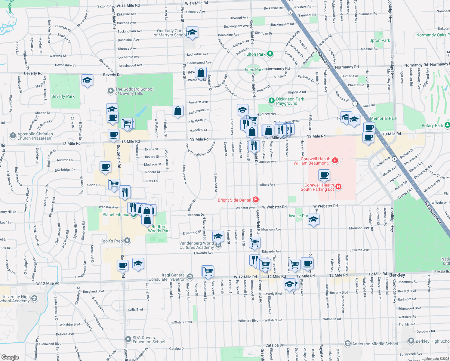 map of restaurants, bars, coffee shops, grocery stores, and more near 30439 Everett Street in Southfield
