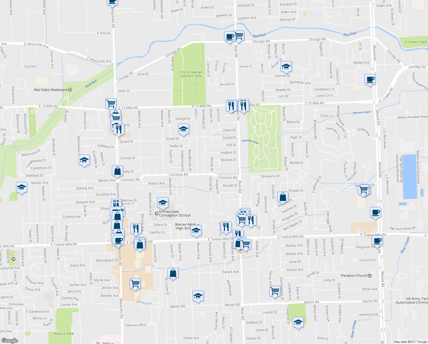 map of restaurants, bars, coffee shops, grocery stores, and more near 30006 Ohmer Drive in Warren