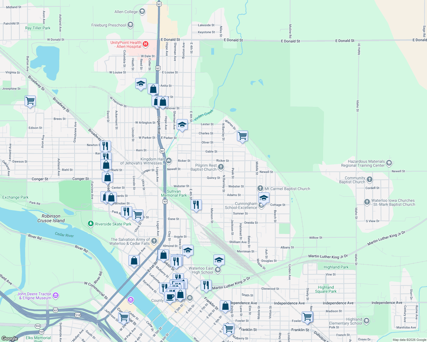 map of restaurants, bars, coffee shops, grocery stores, and more near 402 Newell Street in Waterloo