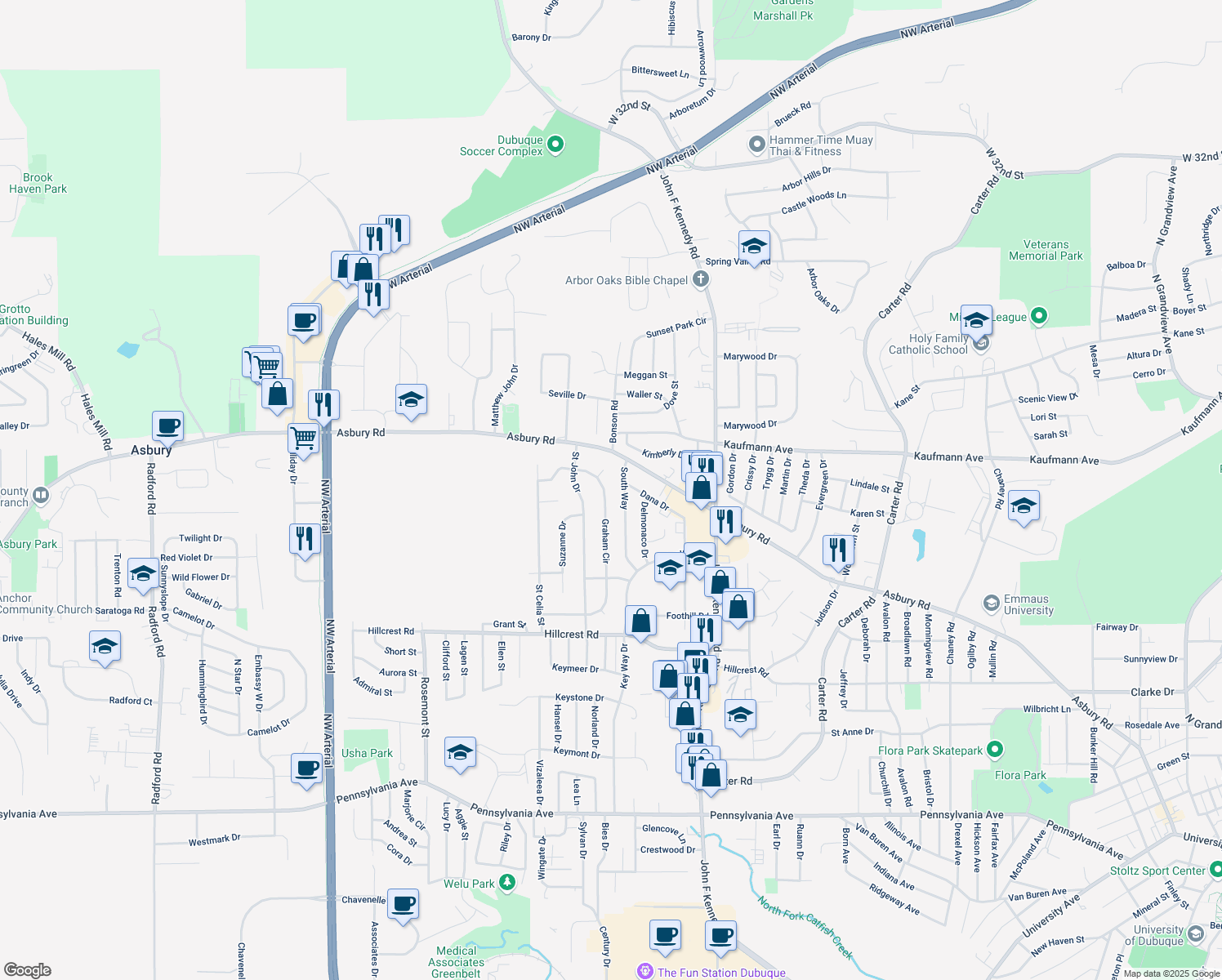 map of restaurants, bars, coffee shops, grocery stores, and more near 2270 Graham Circle in Dubuque