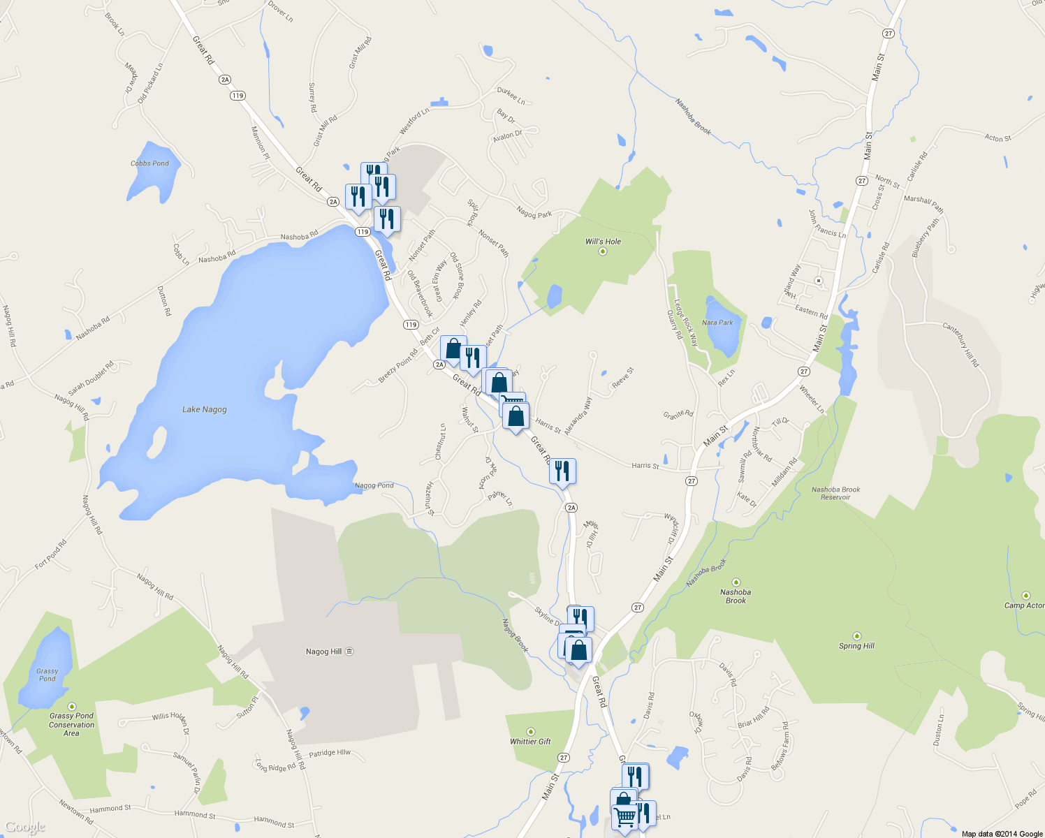 map of restaurants, bars, coffee shops, grocery stores, and more near 457 Great Road in Acton