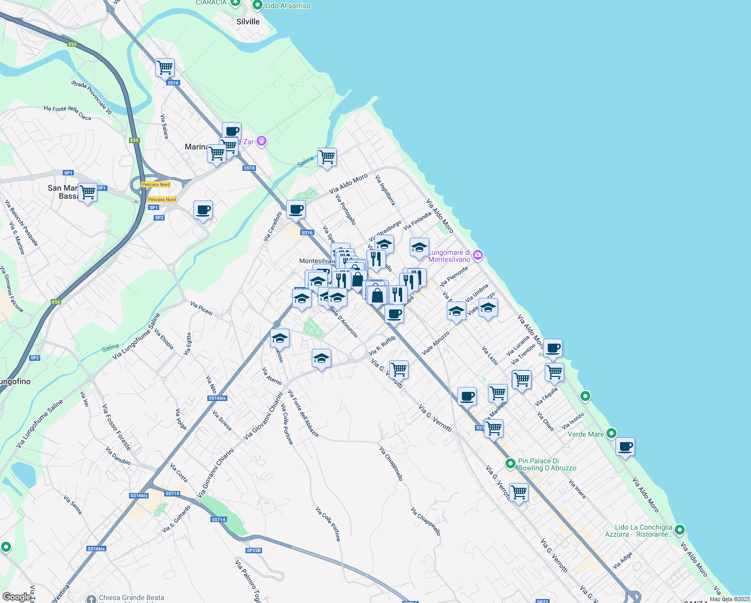 map of restaurants, bars, coffee shops, grocery stores, and more near 10 Via Michetti in Montesilvano