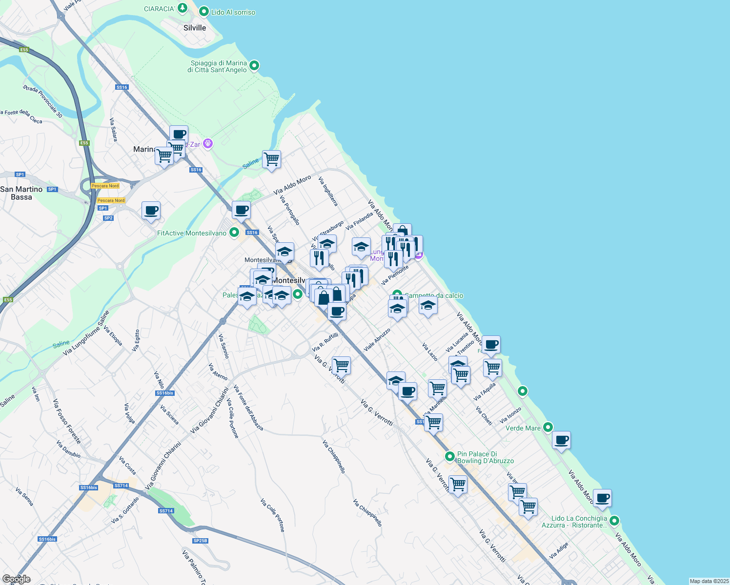 map of restaurants, bars, coffee shops, grocery stores, and more near 36A Via Danimarca in Montesilvano