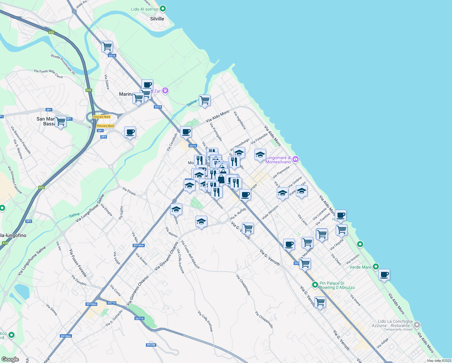 map of restaurants, bars, coffee shops, grocery stores, and more near 197-199 Corso Umberto I in Montesilvano