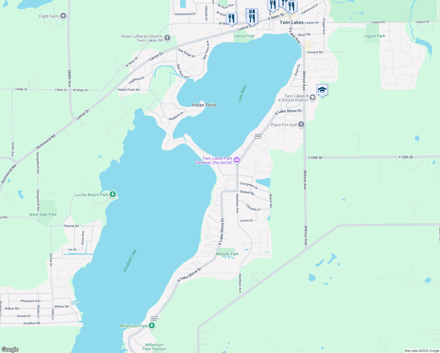 map of restaurants, bars, coffee shops, grocery stores, and more near 139 West Spring Drive in Twin Lakes