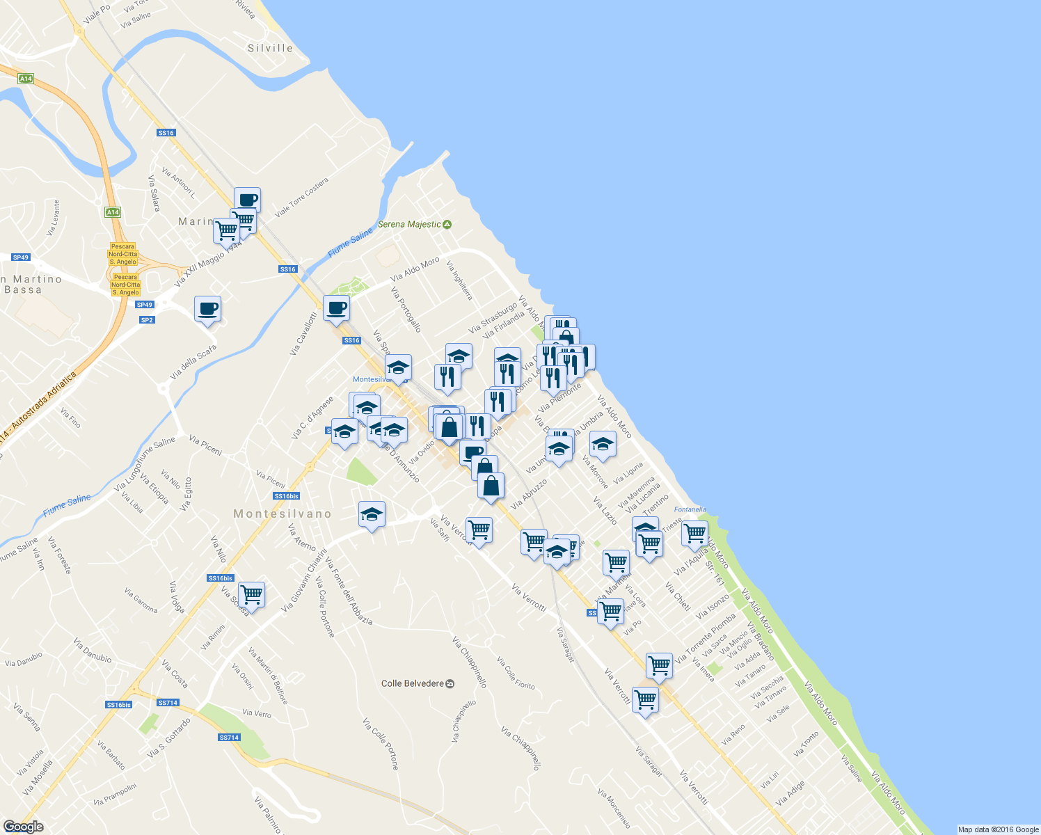 map of restaurants, bars, coffee shops, grocery stores, and more near 36A Via Danimarca in Montesilvano