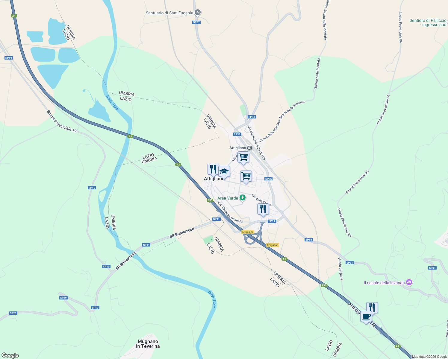 map of restaurants, bars, coffee shops, grocery stores, and more near 15 Via Monserrato in Attigliano