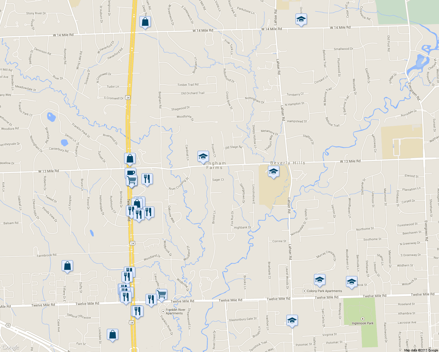 map of restaurants, bars, coffee shops, grocery stores, and more near 23100 Sager Ct in Bingham Farms