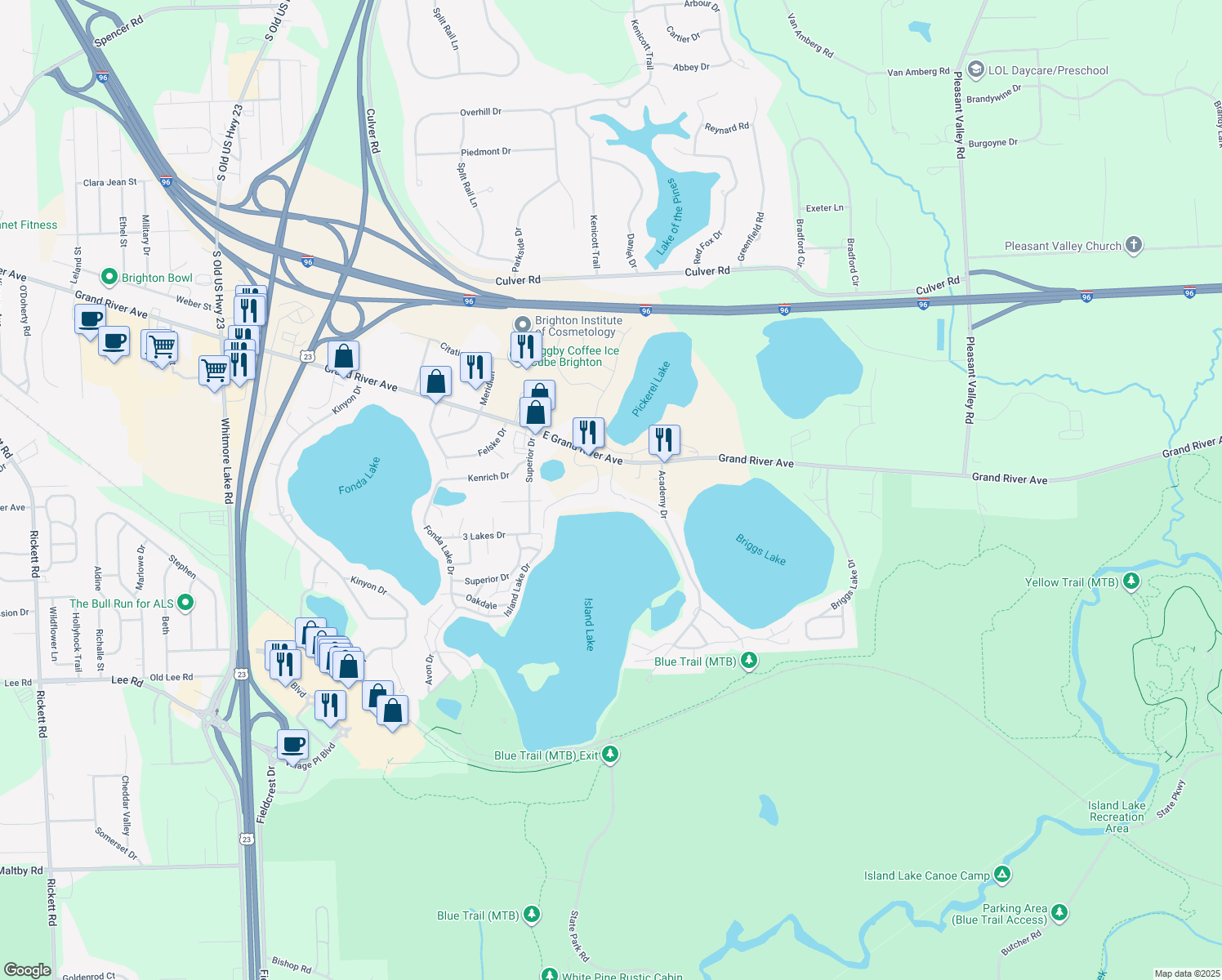 map of restaurants, bars, coffee shops, grocery stores, and more near 6072 Vicki Jean Ln in Brighton