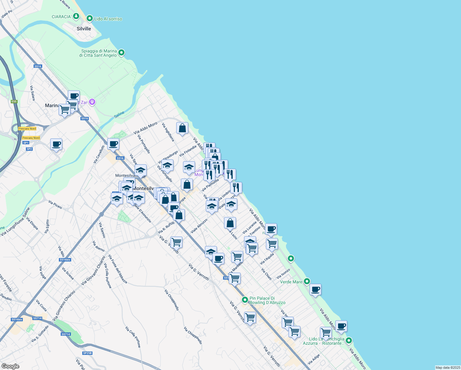 map of restaurants, bars, coffee shops, grocery stores, and more near 63 Via Aldo Moro in Montesilvano