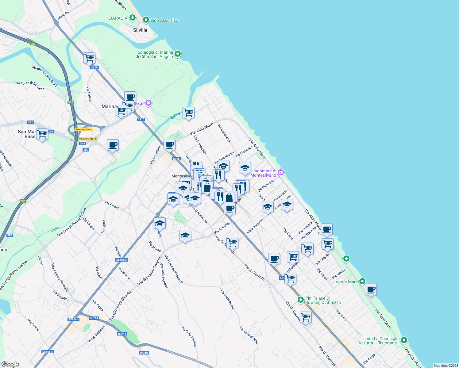 map of restaurants, bars, coffee shops, grocery stores, and more near in Montesilvano