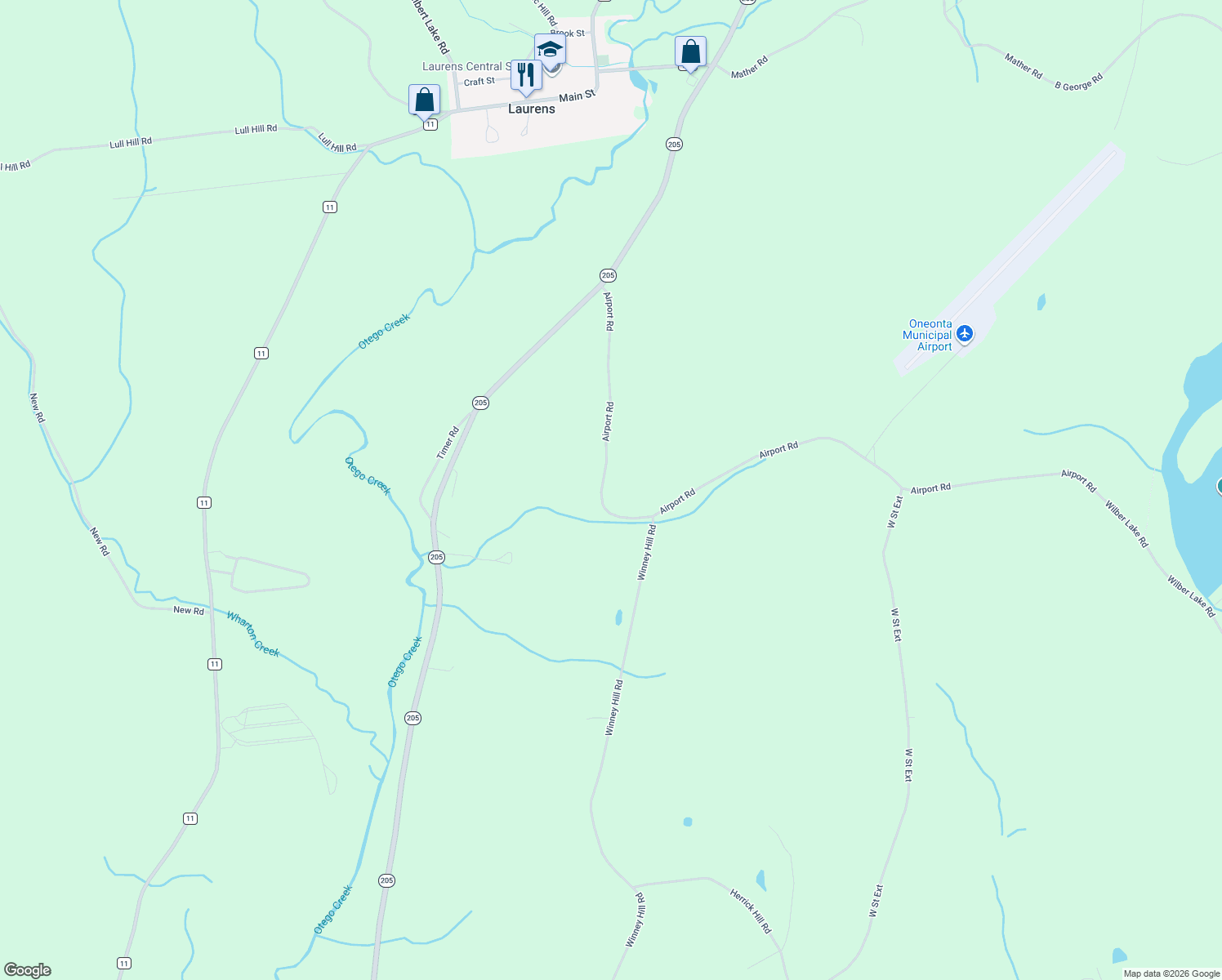 map of restaurants, bars, coffee shops, grocery stores, and more near 215 Airport Road in Oneonta
