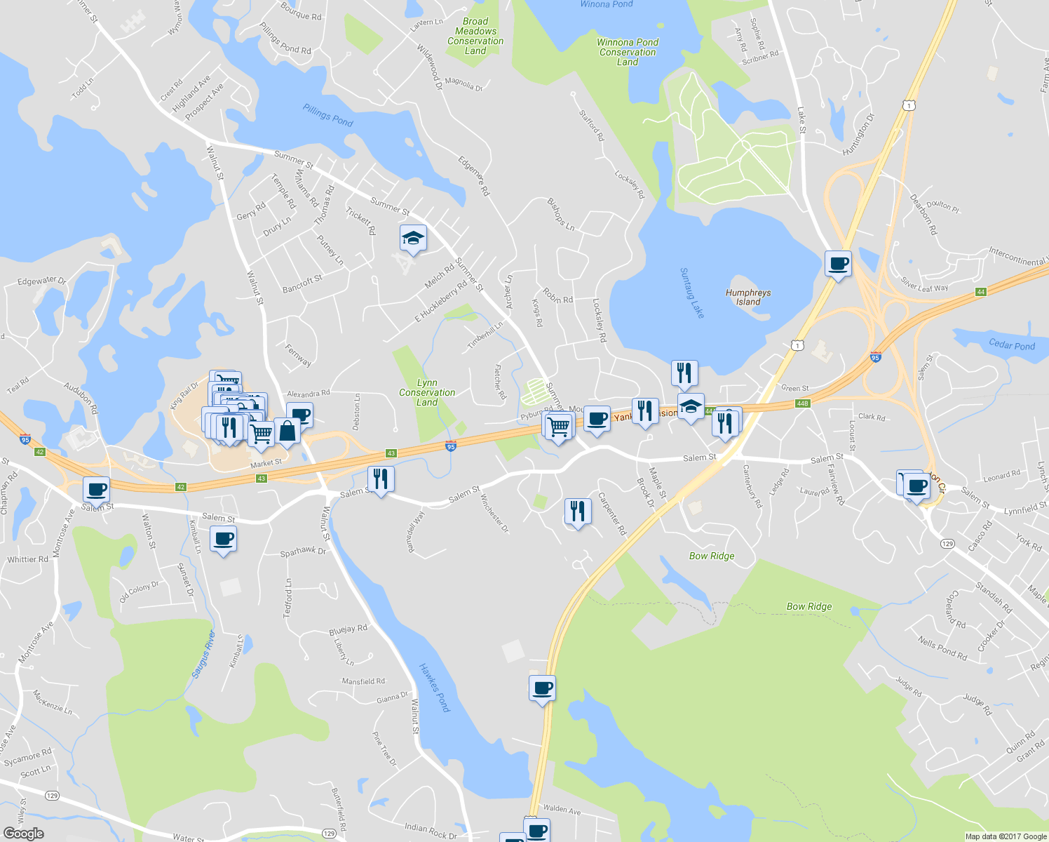 map of restaurants, bars, coffee shops, grocery stores, and more near 10 Pyburn Road in Lynnfield