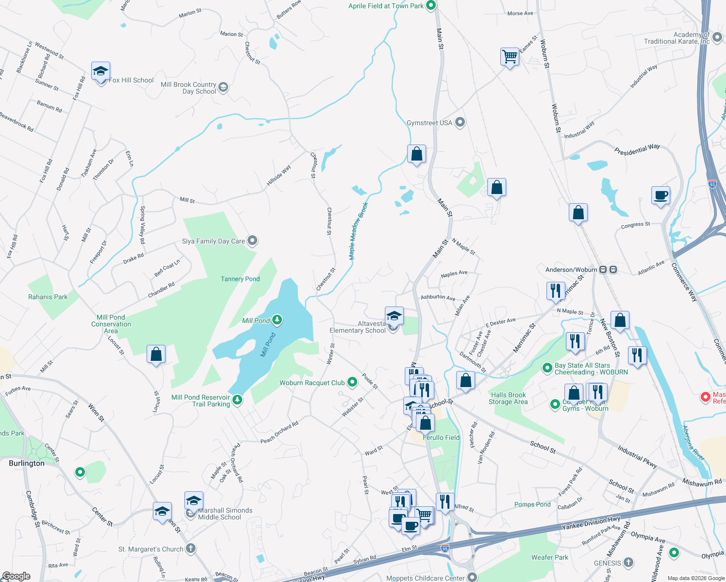 map of restaurants, bars, coffee shops, grocery stores, and more near 2 Cedarwood Rd in Woburn