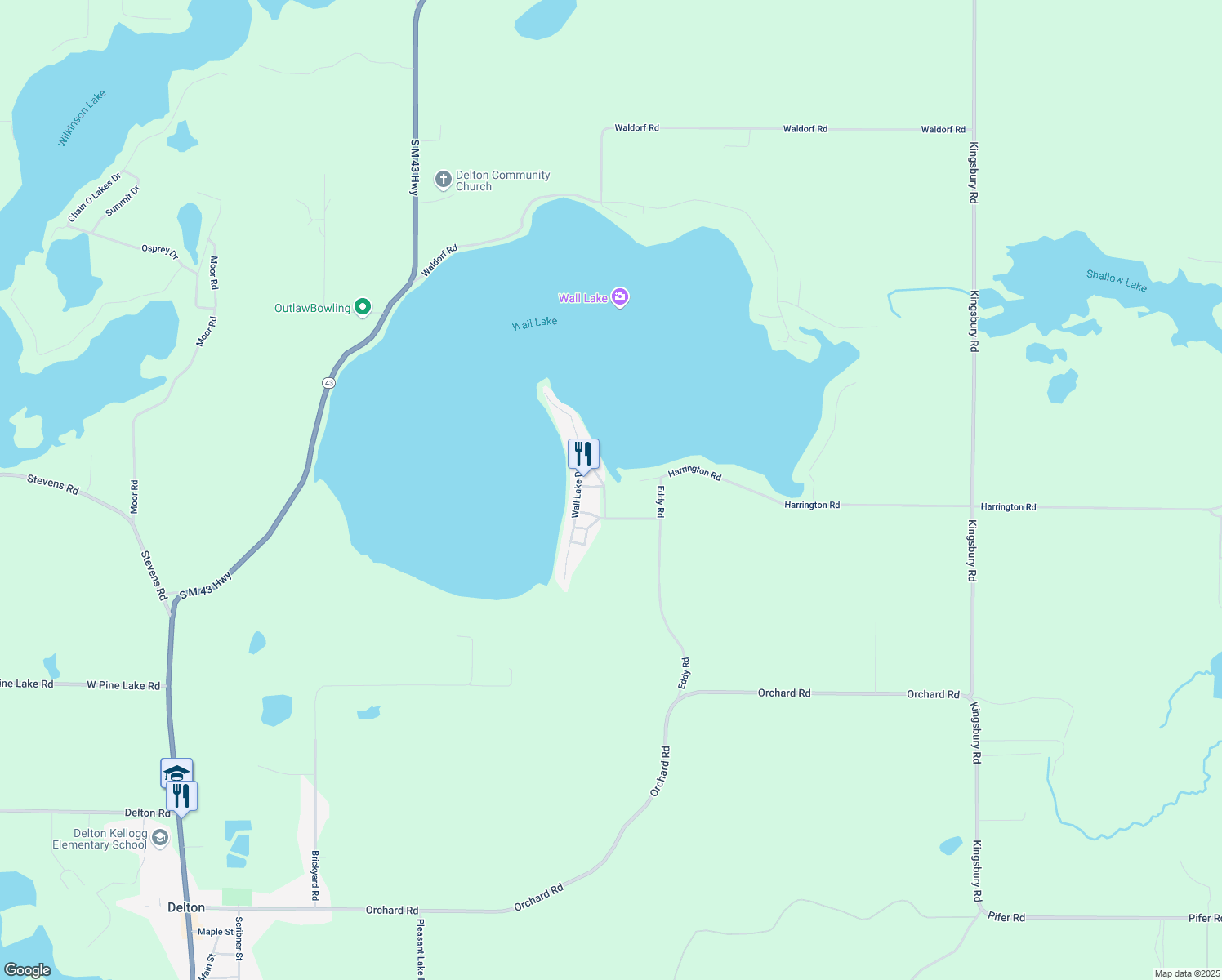 map of restaurants, bars, coffee shops, grocery stores, and more near 5006 Beechwood Drive in Delton