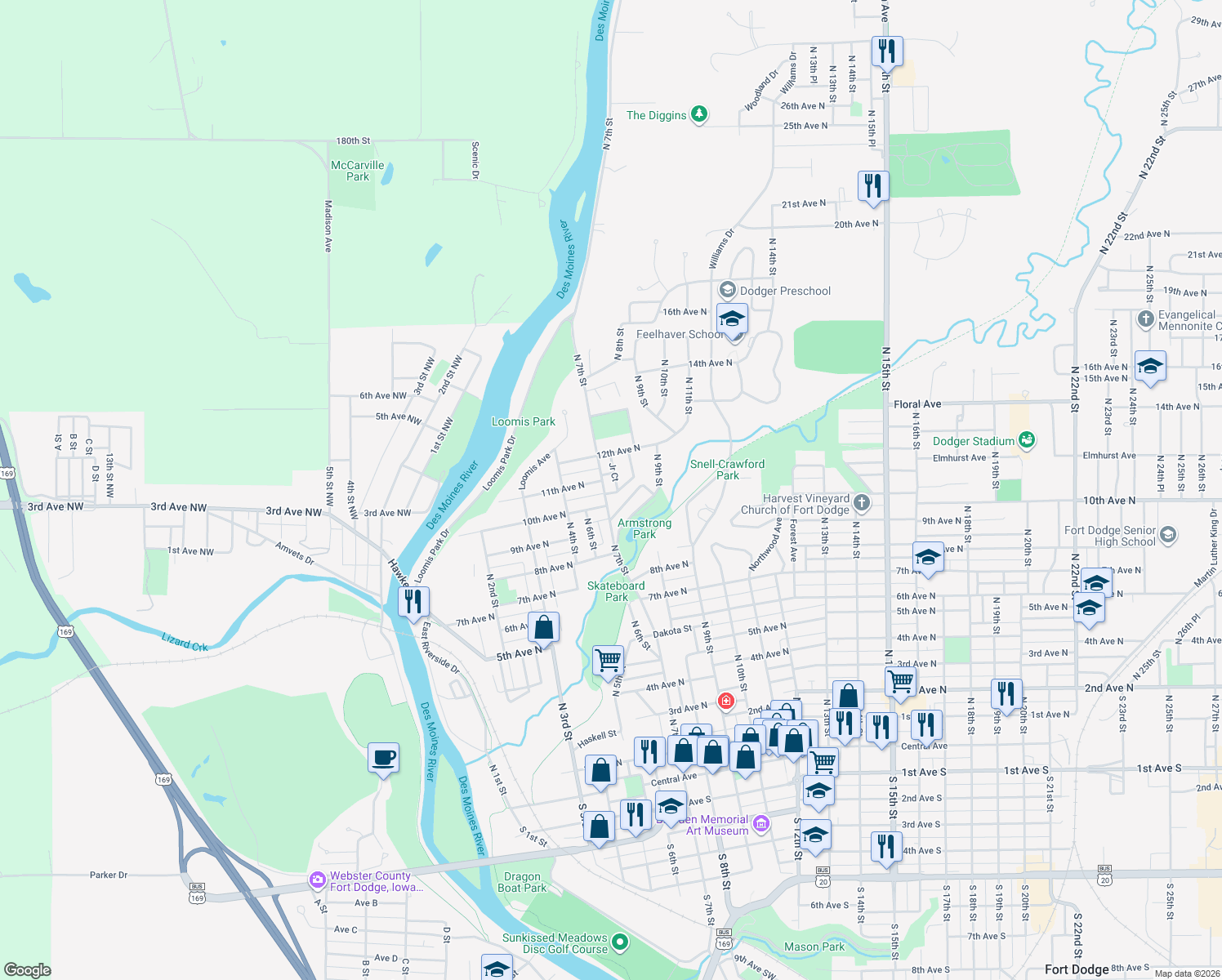 map of restaurants, bars, coffee shops, grocery stores, and more near 706 Raymond Dr in Fort Dodge