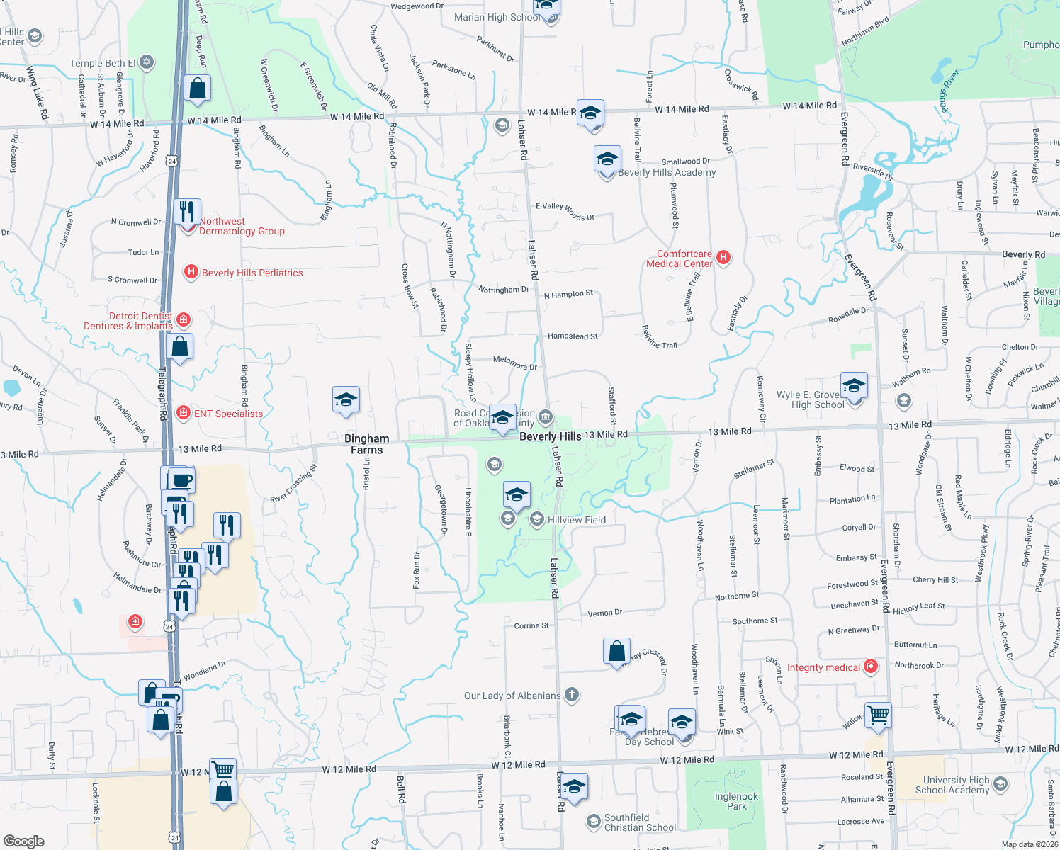 map of restaurants, bars, coffee shops, grocery stores, and more near 31111 Lahser Road in Beverly Hills