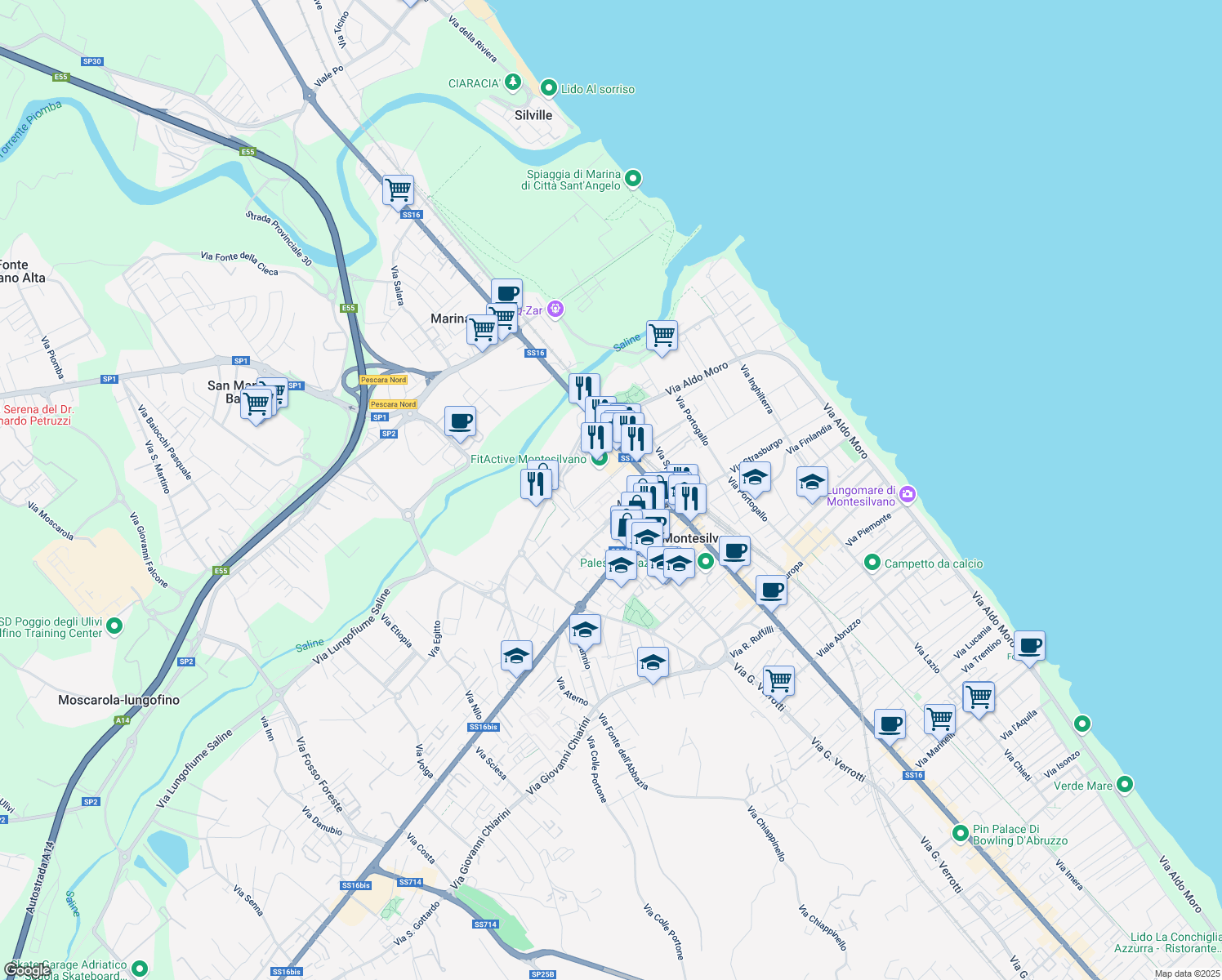 map of restaurants, bars, coffee shops, grocery stores, and more near 16 Corso Umberto I in Montesilvano