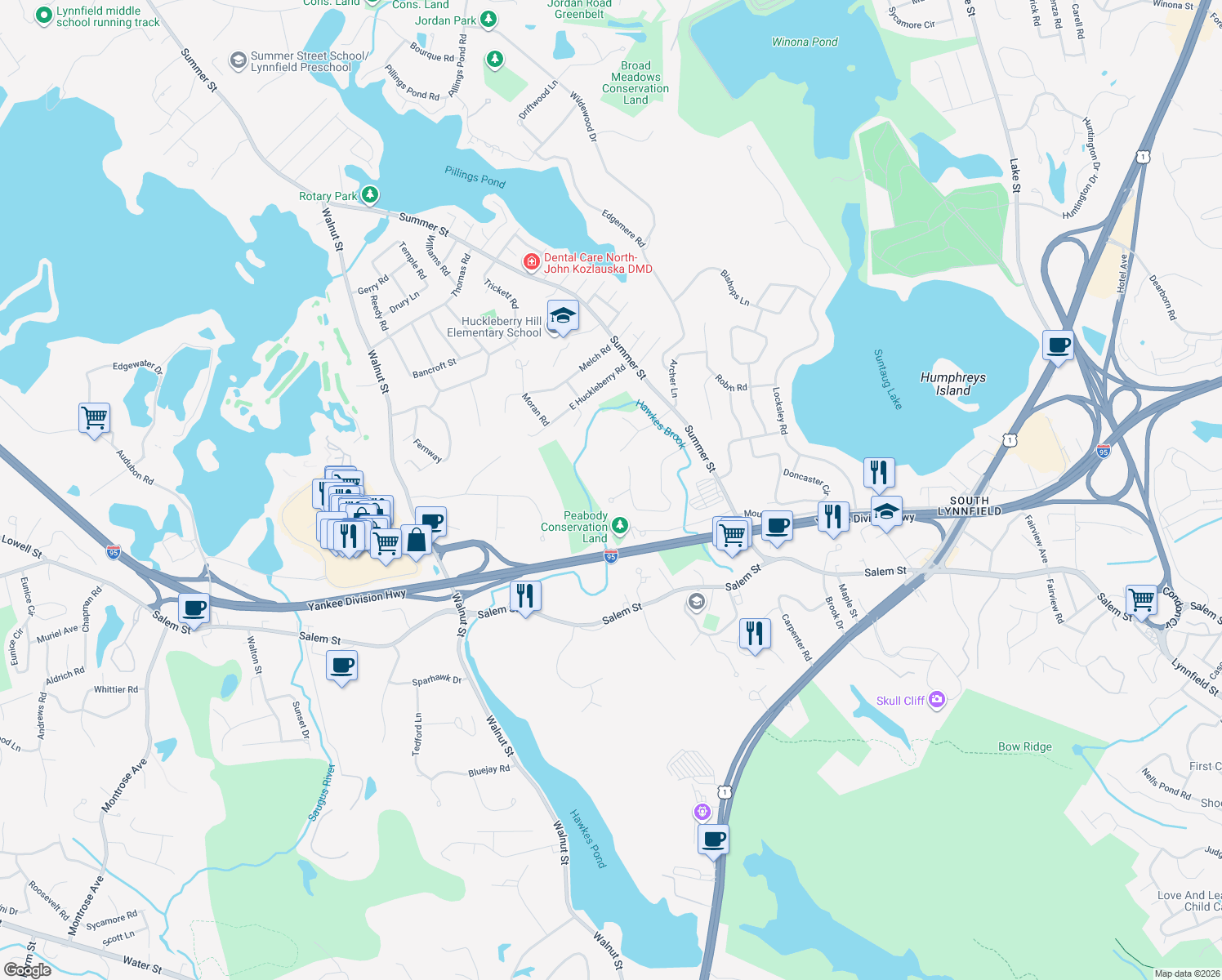 map of restaurants, bars, coffee shops, grocery stores, and more near 3 October Lane in Lynnfield