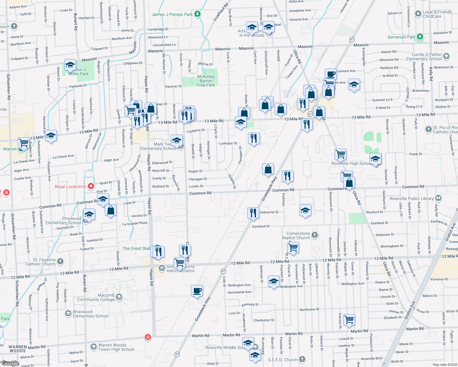 map of restaurants, bars, coffee shops, grocery stores, and more near 16047 Loreto St in Roseville