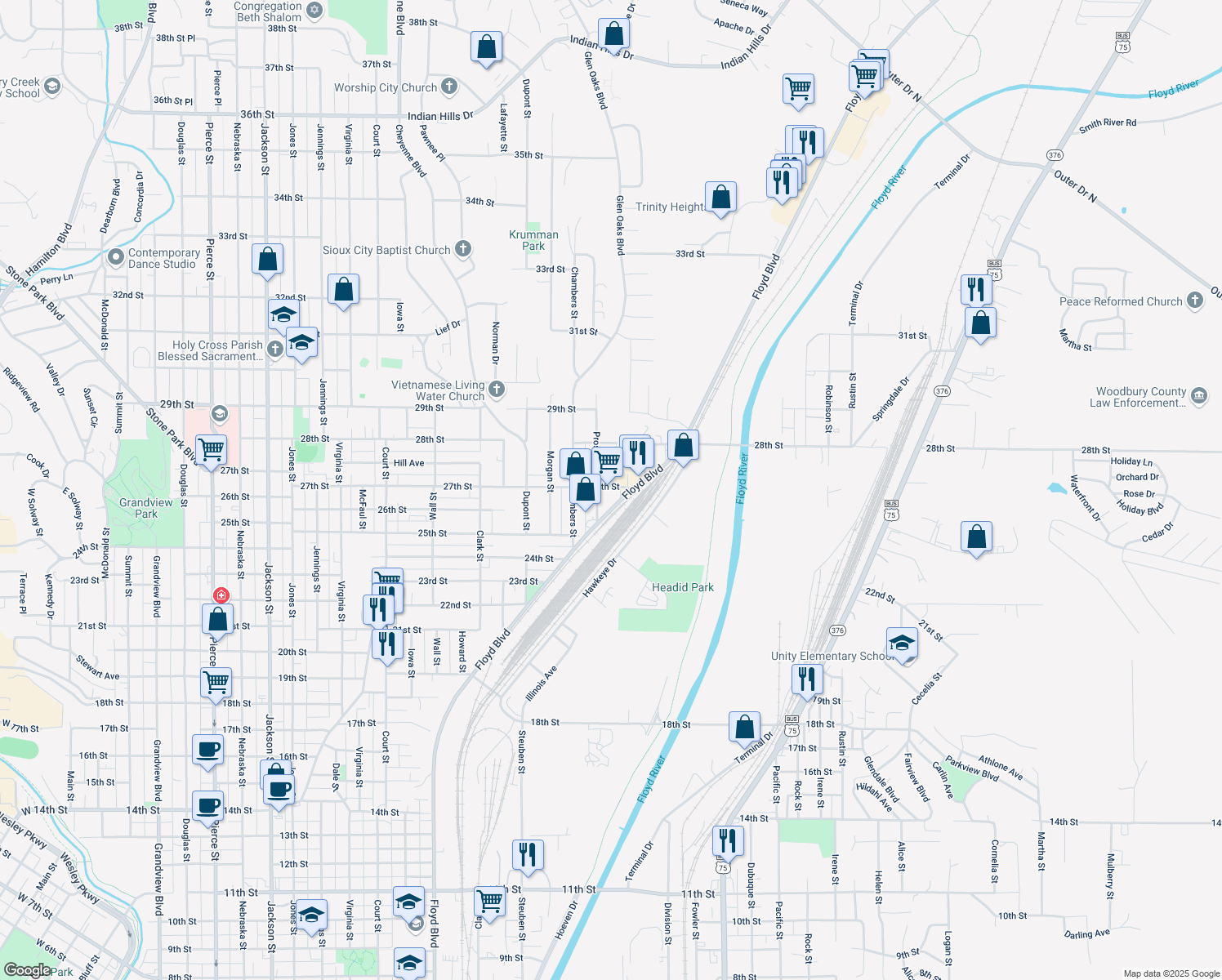 map of restaurants, bars, coffee shops, grocery stores, and more near 2072 27th St in Sioux City