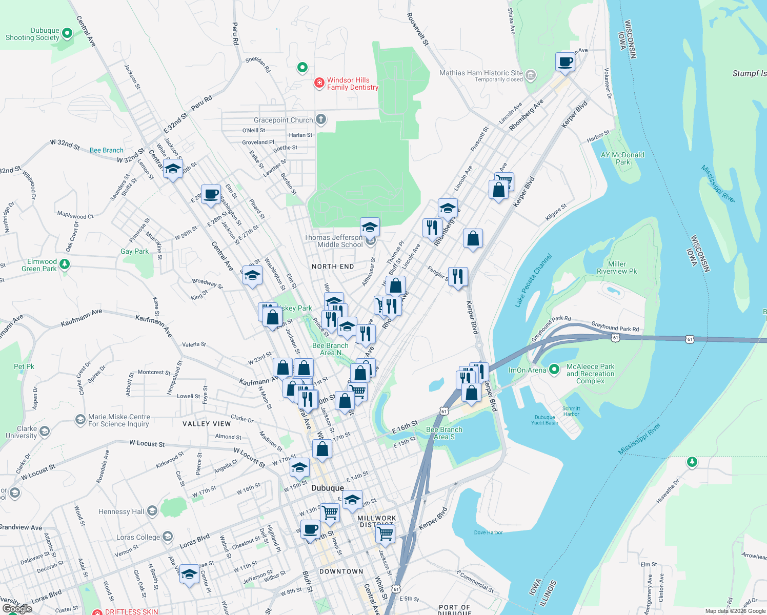 map of restaurants, bars, coffee shops, grocery stores, and more near 814 Lincoln Ave in Dubuque