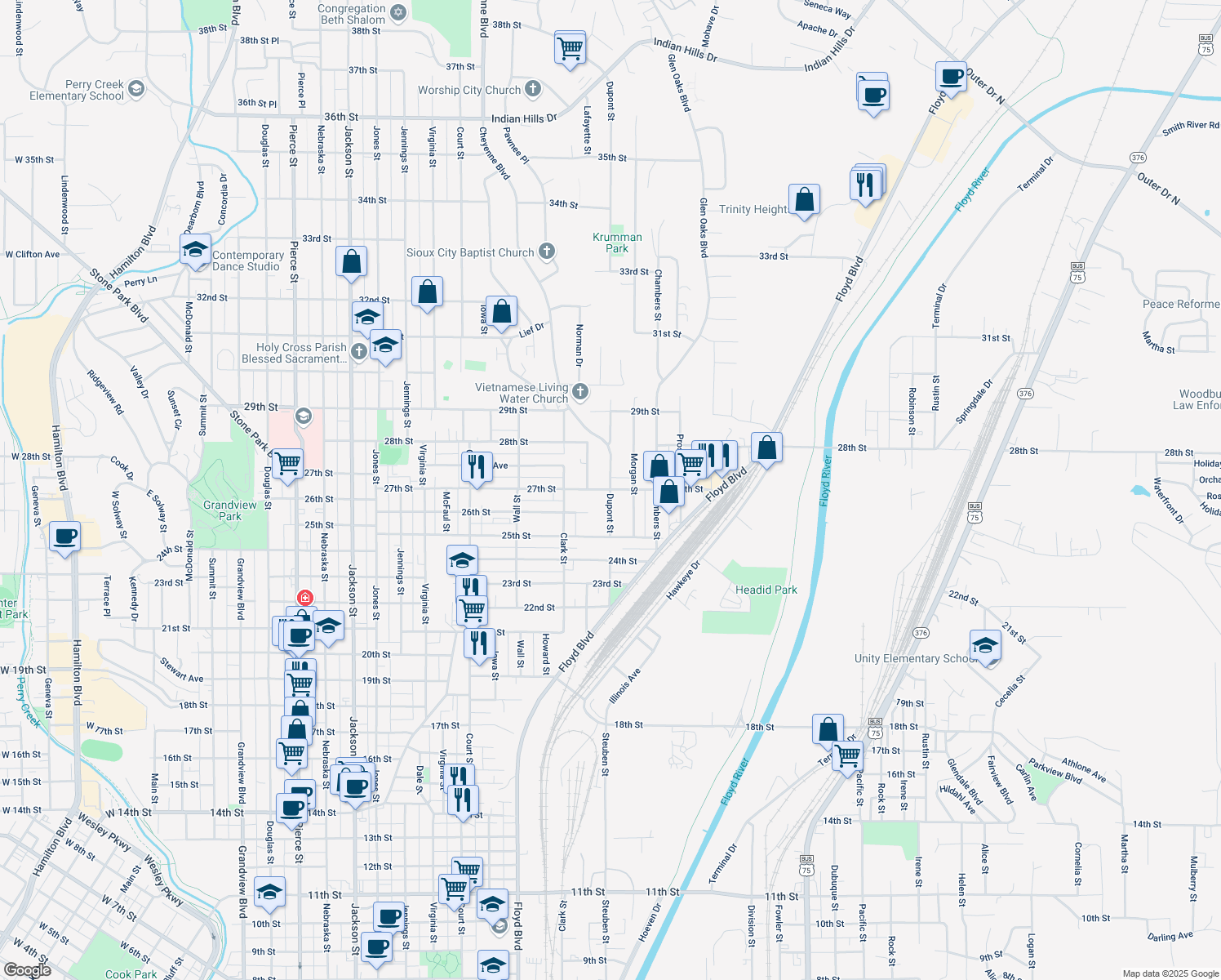 map of restaurants, bars, coffee shops, grocery stores, and more near 2698 Dupont Street in Sioux City