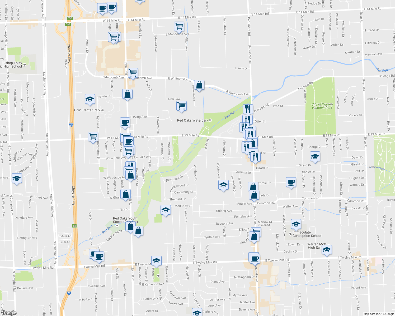 map of restaurants, bars, coffee shops, grocery stores, and more near 30724 Winthrop Dr in Madison Heights
