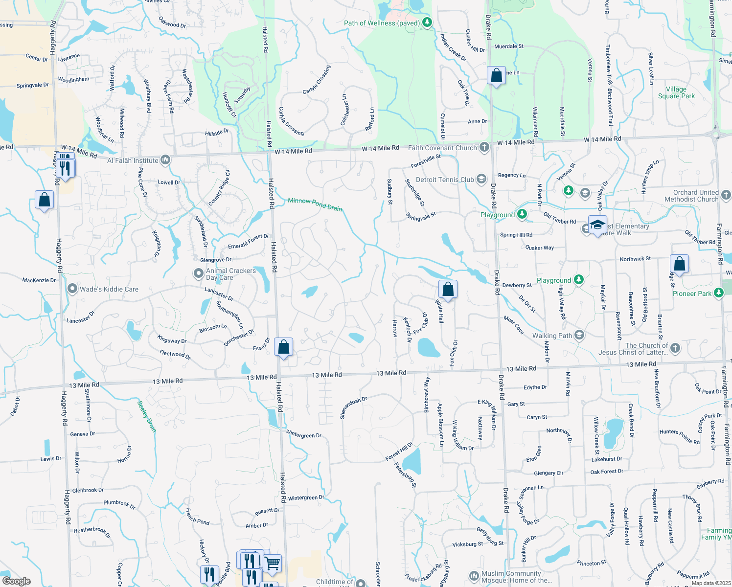 map of restaurants, bars, coffee shops, grocery stores, and more near 36800 Greenspring Street in Farmington Hills