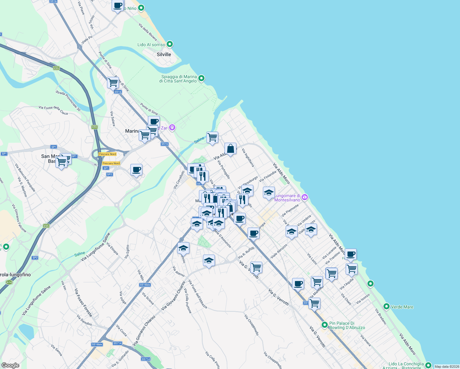 map of restaurants, bars, coffee shops, grocery stores, and more near Via Portogallo in Montesilvano Marina
