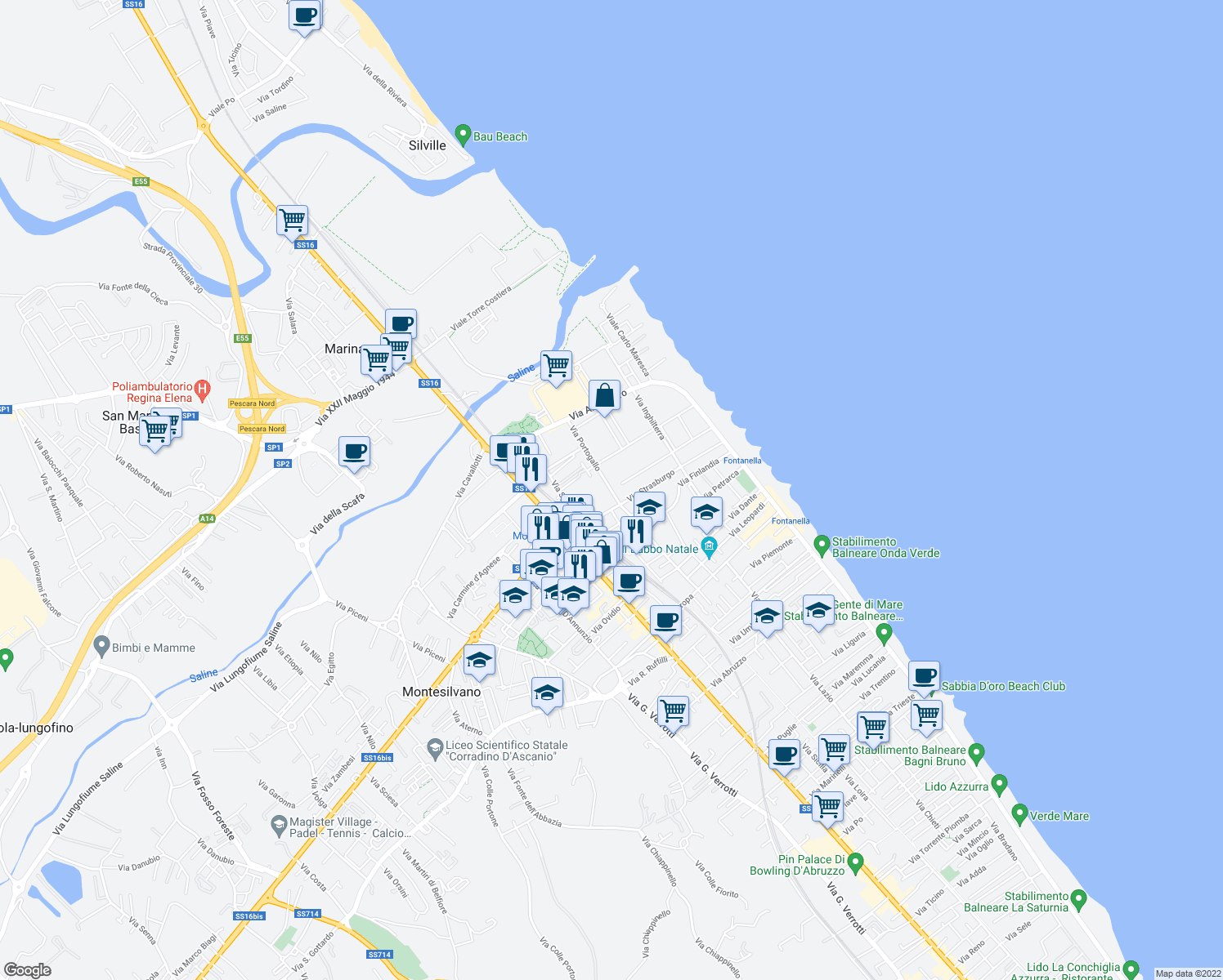 map of restaurants, bars, coffee shops, grocery stores, and more near Via Portogallo in Montesilvano