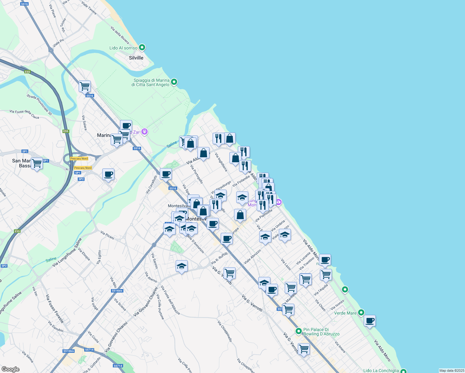 map of restaurants, bars, coffee shops, grocery stores, and more near Via Finlandia in Montesilvano