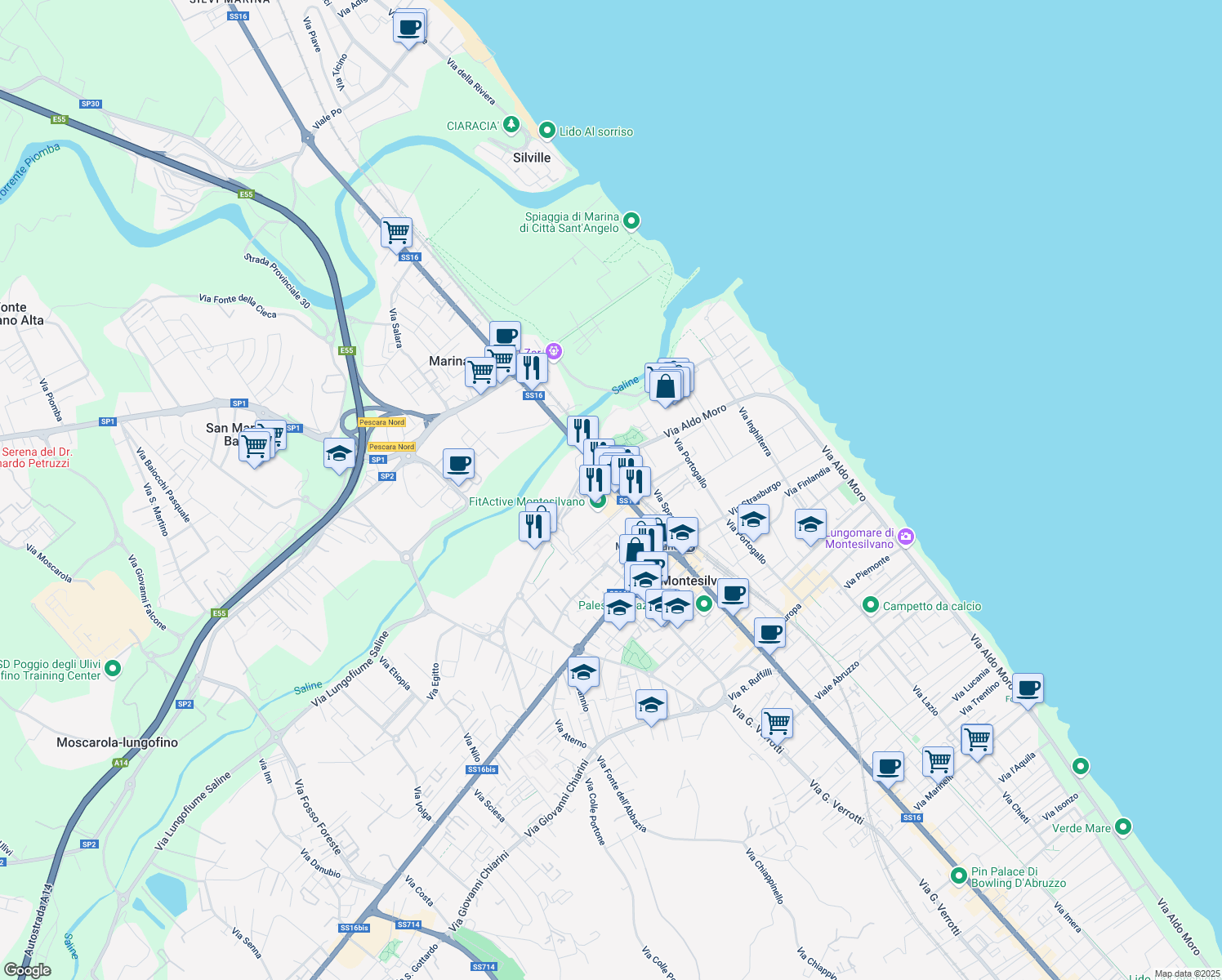 map of restaurants, bars, coffee shops, grocery stores, and more near 16 Corso Umberto I in Montesilvano