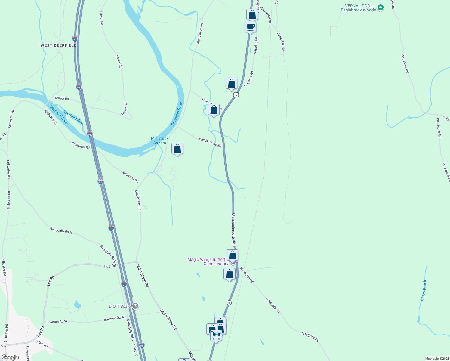 map of restaurants, bars, coffee shops, grocery stores, and more near 349 Greenfield Road in Deerfield